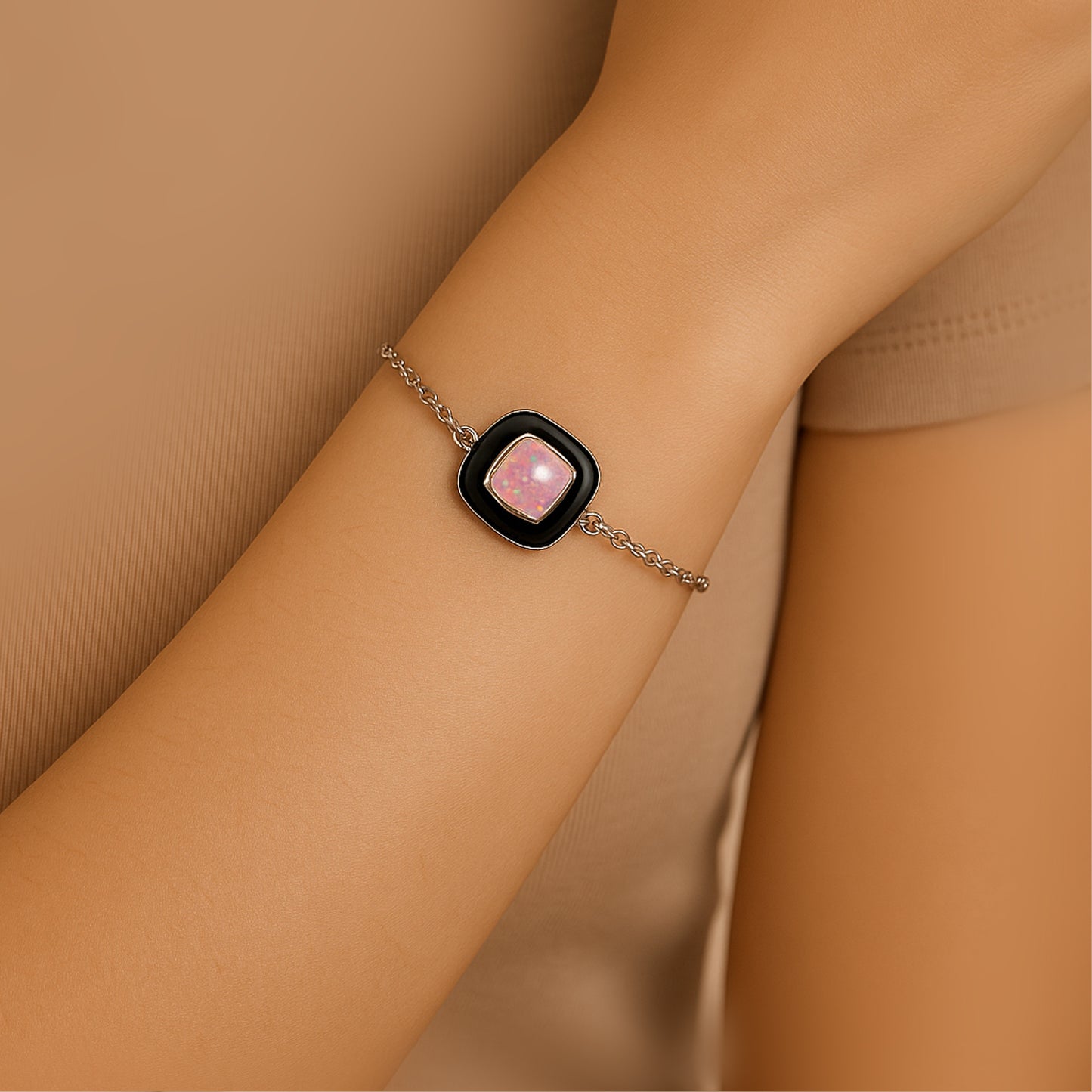 Elegant Silver Chain Bracelet with Pink Stone Centerpiece