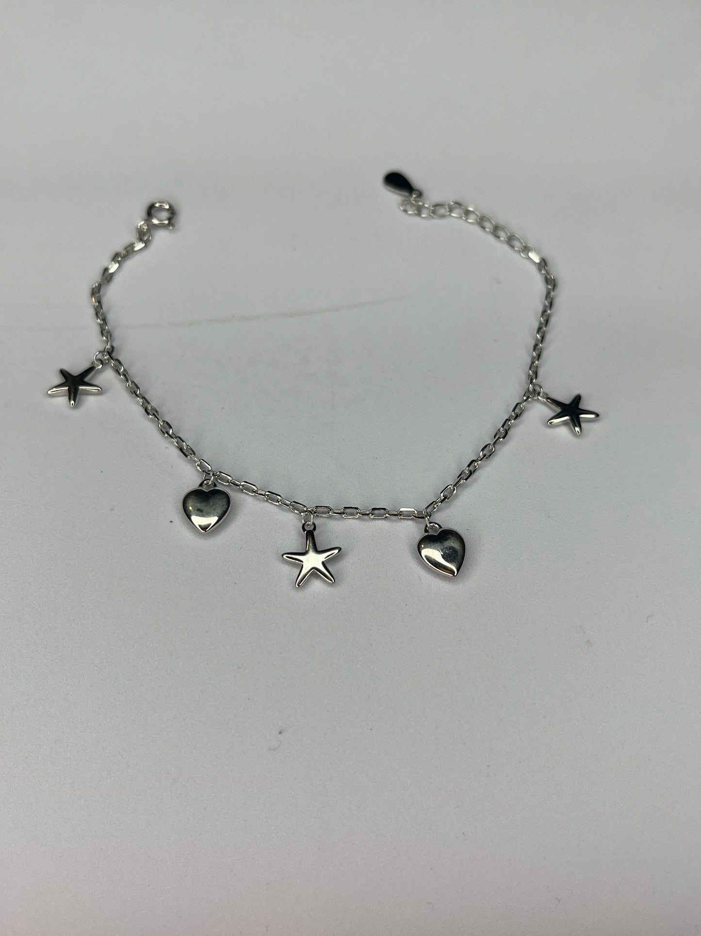 Silver Charm Bracelet with Heart & Star Pendants