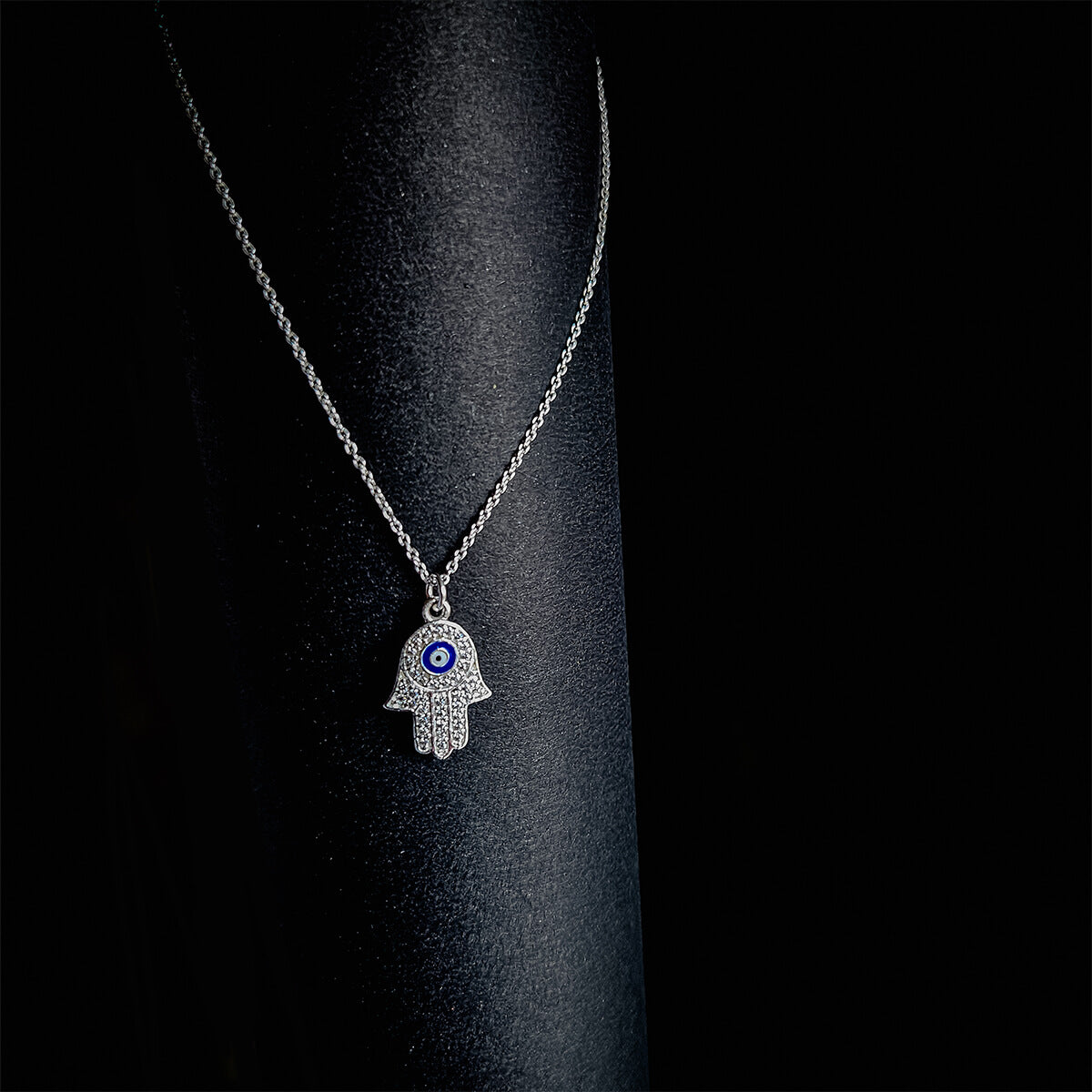 Silver Hamsa Hand Necklace with Evil Eye Charm