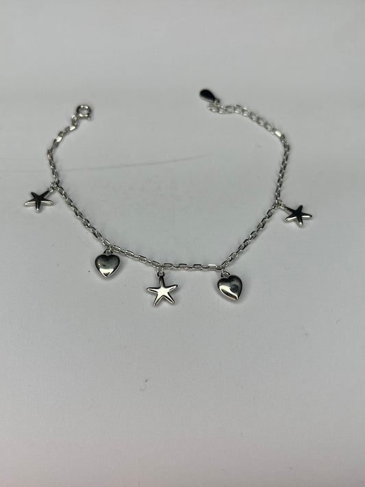 Silver Charm Bracelet with Heart & Star Pendants
