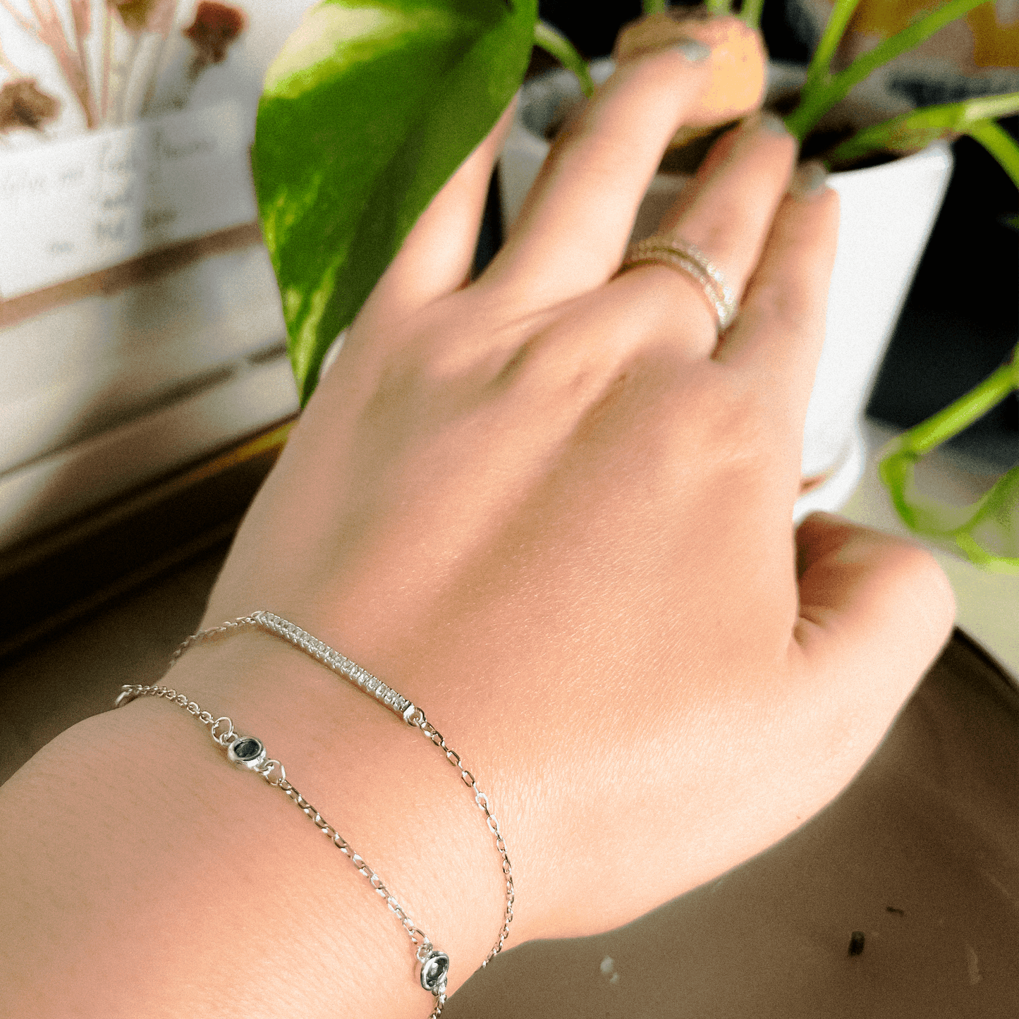 Elegant Double-Layered 925 Silver Bracelet with Stone