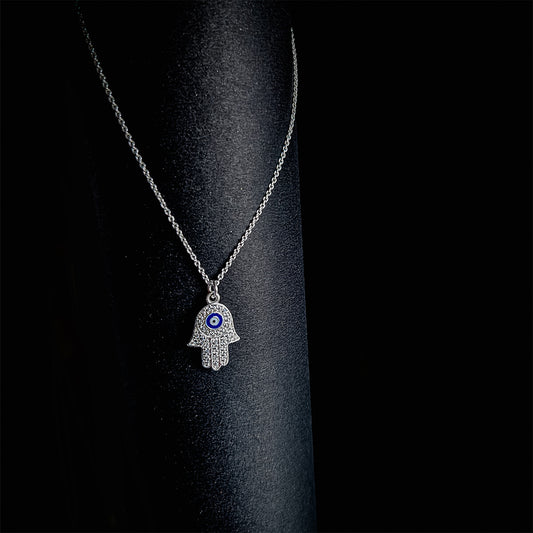 Silver Hamsa Hand Necklace with Evil Eye Charm