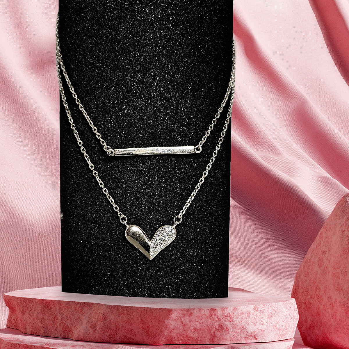 Silver Dual-Layer Heart Pendant Necklace