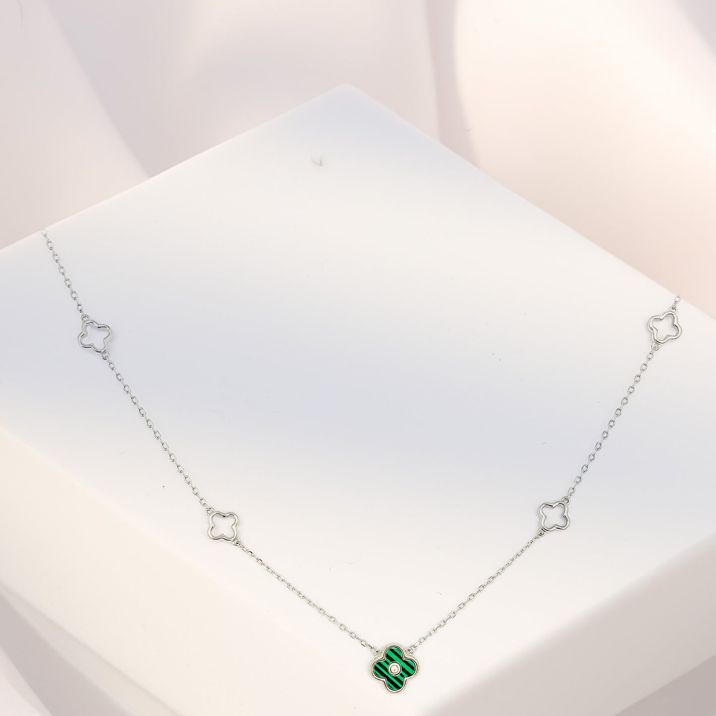Emerald Clover Charm Silver Necklace