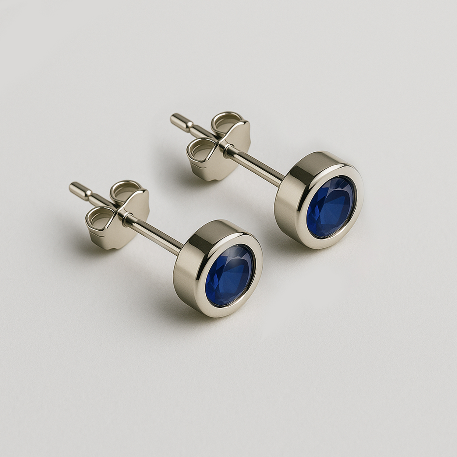 Blue Sapphire Stud Earrings in 925 Sterling Silver | Minimal Bezel Set | Theia