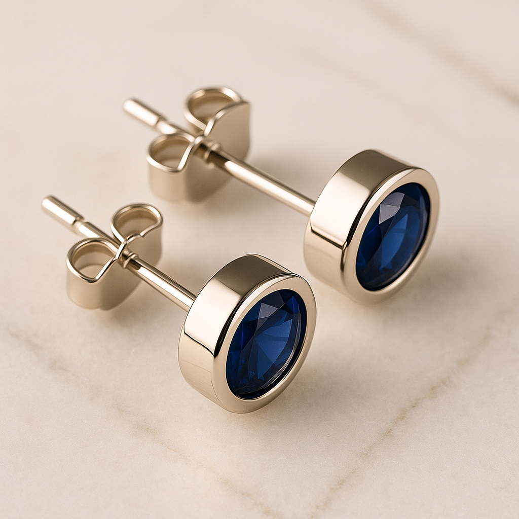 Blue Sapphire Stud Earrings in 925 Sterling Silver | Minimal Bezel Set | Theia